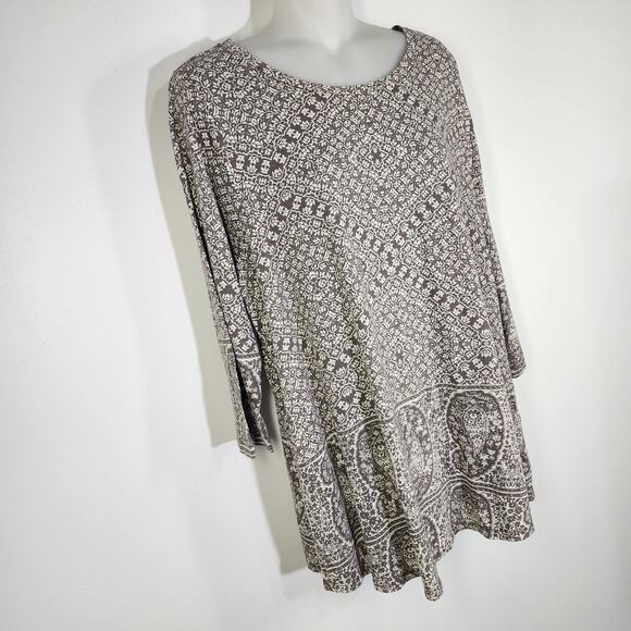 Lucky Brand Tunic Top Plus Size 1X Gray Paisley Border Cotton Modal 3/4 Sleeve - Picture 4 of 11